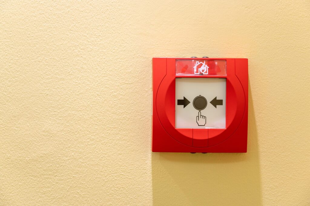 Fire alarm panel on a wall